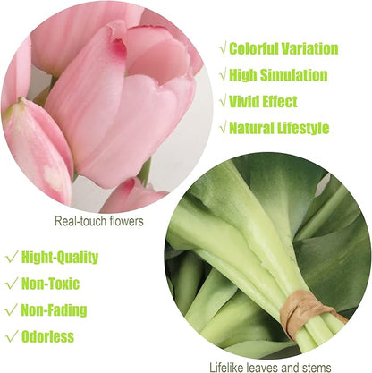 20pcs Artificial Tulip Flowers,16 Inch Real Touch Tulip Stems with Faux Leaves, Faux Tulips and Buds for Home Décor Centerpiece Ornament Wedding Bouquet,Pink