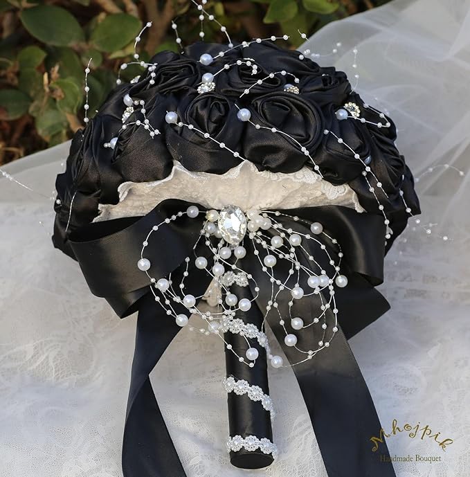 Bridal Wedding Bouquet Round Bling Brooch Bouquet Throw Toss Artificial Rose Flower Bunch for Bride Bridesmaid Wedding Quinceanera(Black, 8.7")