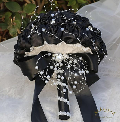 Bridal Wedding Bouquet Round Bling Brooch Bouquet Throw Toss Artificial Rose Flower Bunch for Bride Bridesmaid Wedding Quinceanera(Black, 8.7")