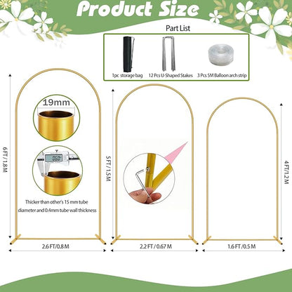 Metal Arch Backdrop Stand Set of 3(6 ft, 5 ft, 4 ft) Party Arch Stands for Wedding, Birthday, Baby Shower, Bridal Shower,Balloon Arched Frame for Garden Decor, Gold Floral Arches