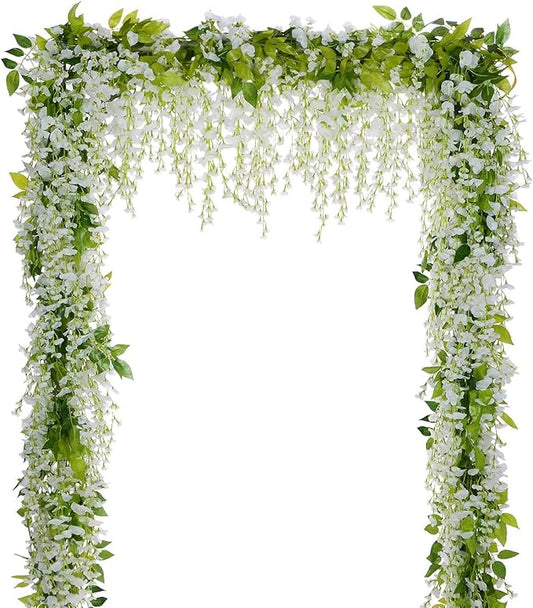 Lvydec Wisteria Artificial Flowers Garland, 4Pcs Total 28.8ft White Artificial Wisteria Vine Silk Hanging Flower for Home Garden Outdoor Ceremony Wedding Arch Floral Decor
