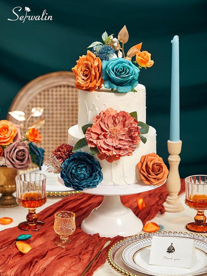 Serwalin Artificial Flowers, Teal Burnt Orange Silk Floral Centerpieces, Fake Flowers Bouquets Box Set for Wedding Bridal Baby Shower Party DIY Craft Home Cake Decoration