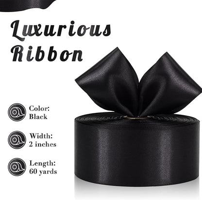 Black Satin Ribbon 2 Inch 60 Yards, Versatile Polyester Fabric Ribbons for Gift Wrapping, Flower Bouquet, Wedding, Crafts, Festival, Halloween and Outdoor Decor