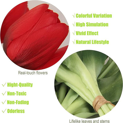 20pcs Artificial Tulip Flowers,16 Inch Real Touch Tulip Stems with Faux Leaves, Faux Tulips and Buds for Home Décor Centerpiece Ornament Wedding Bouquet,Red