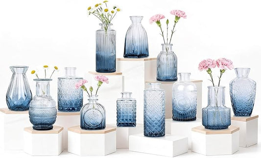 Bud Vases Set of 12, Small Mini Glass Vases for Centerpieces - Elegant Vintage Style - Perfect for Table Decor, Wedding, Party Centerpieces - Great Gift for Home Decor Lovers (Ombre Blue)