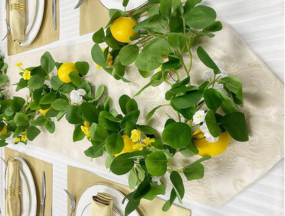 2PCS Artificial Lemon Garland (12Ft Total), Faux Fruit Vine with Greenery for Wedding Party, Wall Mantle Table Decor, Spring Summer Kitchen Door Decoration