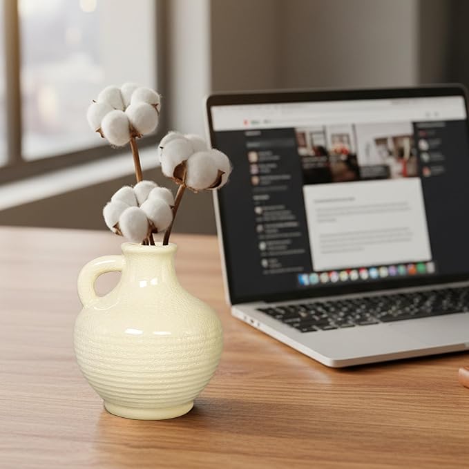 Sunddo White Ceramic Vase 6 Inch - Small Modern Flower Vase for Home Decor, Decorative Vases with Handle, Boho & Minimalist, Living Room Cabinet Table Centerpieces Wedding Beige