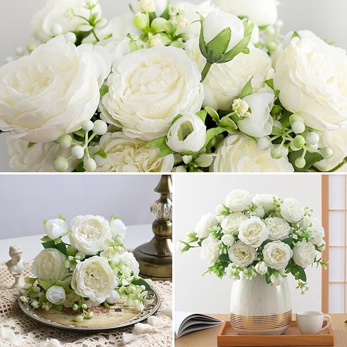 ASTRYAS 8 Packs Peonies Artificial Flowers, White Artificial Peonies, Silk Peonies Flowers Fake Peonies Artificial Flowers Peonies Bouquet for Centerpiece Table Wedding Party Home Decor