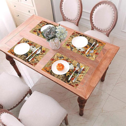 PVC Placemats Set of 6 Wipeable Table Mats Washable Heat Resistant Non Slip Vinyl Dining Table Mat for Kitchen Indoor Outdoor Patio Farmhouse Place Mats Retro Wooden Fall Bird Decorative