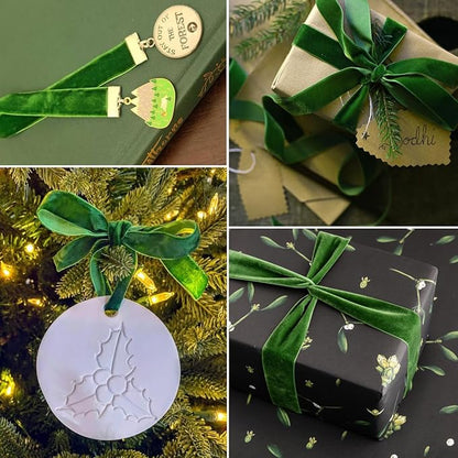 Green Velvet Ribbon - 3/8 Inch x 10 Yards for Gift Wrapping, Crafts, Christmas Decor, Bow Making, Vintage Fabric