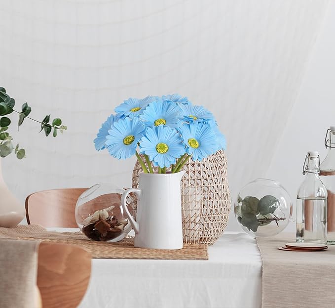 IPOPU Daisies Flowers Artificial,20PCS Blue Gerbera Daisy Artificial Flowers Fake Daisies for Wedding Party Office Home Decorations(Light Blue)