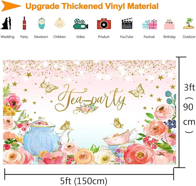 Pink Floral Tea Party Backdrop Glitter Gold Dots Butterfly Lets Partea Photography Background for Women Birthday Bridal Baby Shower Decorations Girls Wonderland Party Banner Photo Booth Supplies 5x3ft