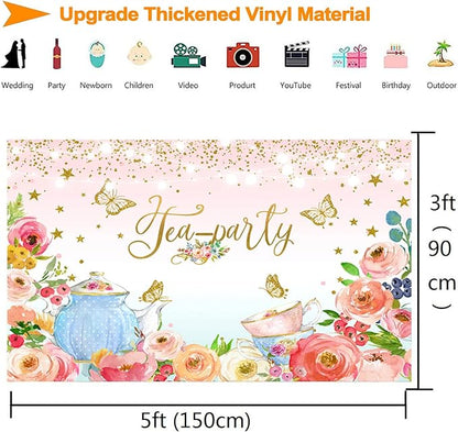 Pink Floral Tea Party Backdrop Glitter Gold Dots Butterfly Lets Partea Photography Background for Women Birthday Bridal Baby Shower Decorations Girls Wonderland Party Banner Photo Booth Supplies 5x3ft