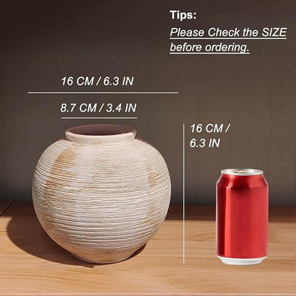 Rustic Ribbed Vase Home Decor - 6.3 in Ceramic Vintage Farmhouse Vases for Decor, Decorative Terracotta Round Bowl vase for Living Room, Table, Shelf, Kichen Decor