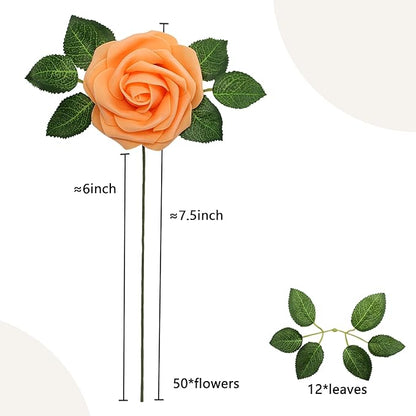 Artificial Flowers 50Pcs Orange Roses Real Looking Foam Fake Roses with Leaves for DIY Wedding Bouquets Bridal Shower Centerpieces Party Decorations (Orange, 50)
