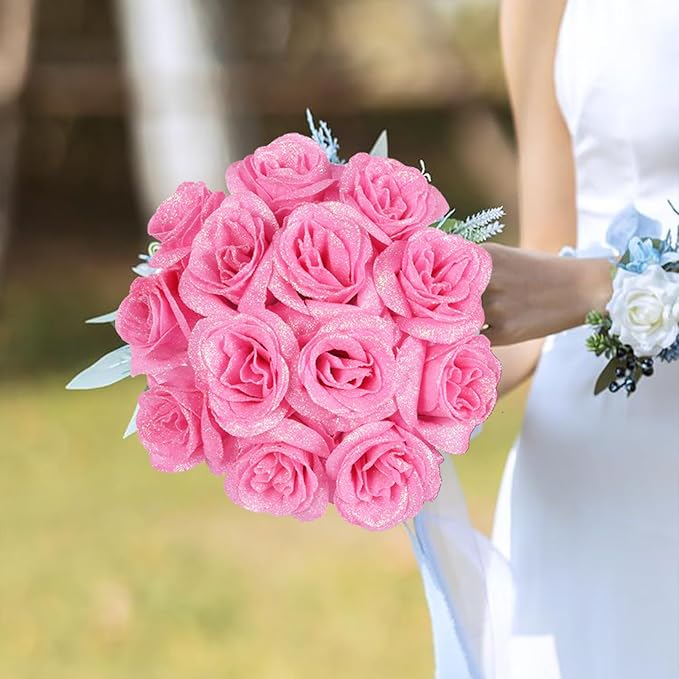 Artificial Roses,30PCS Fake Pink Glitter Roses Bouquet Bling Flowers for DIY Crafts Wedding Bouquet Party Home Decor(Pink)