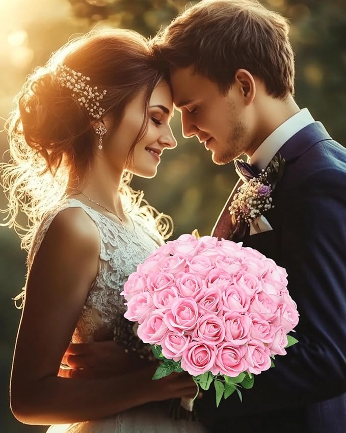 LFF 50Pcs Fake Pink Roses Artificial Flowers with Long Stems, Realistic Silk Faux Roses in Bulk, Wedding Bouquet, DIY Floral Arrangement for Home/Wedding/Proposal Ceremony Decoration(Pink)