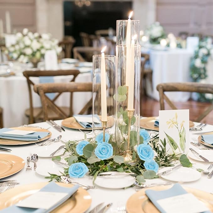 Foam Roses with Pearls 2.56in 50PCS Light Blue Roses Artificial Flowers Bulk Foam Flowers with Stem for Wedding, Bridal Shower, Cake, Graduation and Home Decor(Light Blue)