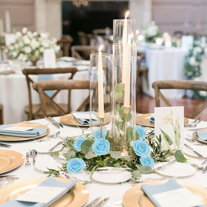 Foam Roses with Pearls 2.56in 50PCS Light Blue Roses Artificial Flowers Bulk Foam Flowers with Stem for Wedding, Bridal Shower, Cake, Graduation and Home Decor(Light Blue)