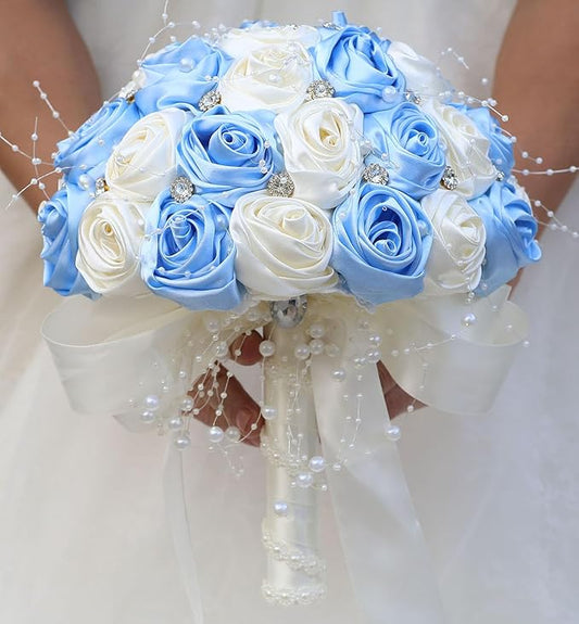 Bridal Wedding Bouquet Round Bling Brooch Bouquet Throw Toss Artificial Rose Flower Bunch for Bride Bridesmaid Wedding Quinceanera(Light Blue & Ivory, 7.5")
