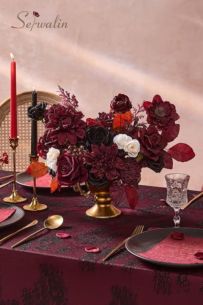 Serwalin Artificial Burgundy Black Flowers, Red Roses Silk Flowers for DIY Wedding Bridal Bouquets, Fake Halloween Black Flowers for Table Centerpieces Baby Shower Birthday Party Home Decorations