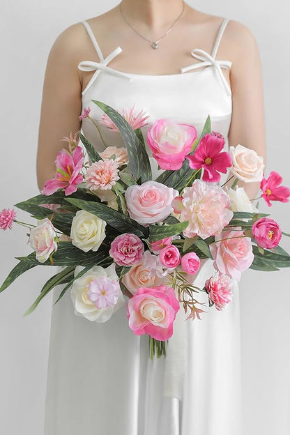 YYHUAWU Artificial Flowers Combo Set Fake Flower Leaf Box with Stems for DIY Wedding Bouquets Centerpieces Flower Arrangements Decorations Baby Shower Party Home Decorations White Pink