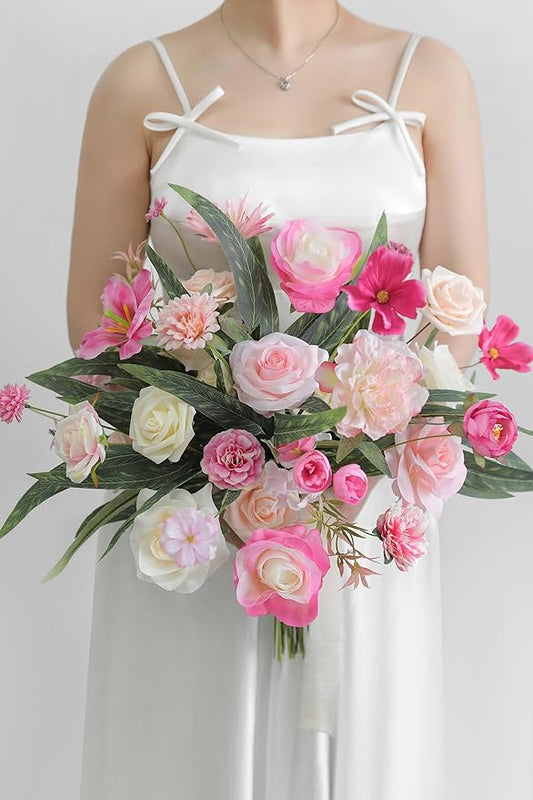 YYHUAWU Artificial Flowers Combo Set Fake Flower Leaf Box with Stems for DIY Wedding Bouquets Centerpieces Flower Arrangements Decorations Baby Shower Party Home Decorations White Pink