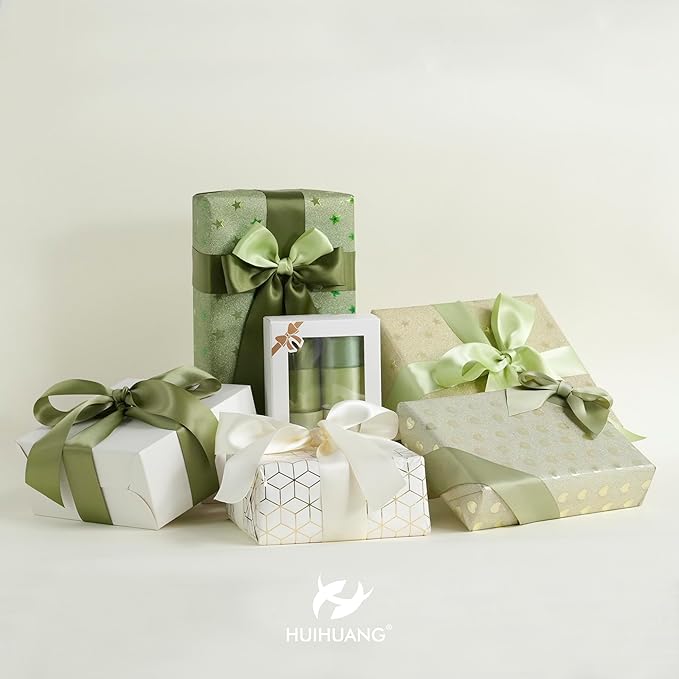 HUIHUANG Green Satin Ribbon 1-1/2 inch Ivory/Sage Green/Dusty Sage/Moss Green Double Face Satin Ribbons for Flower Bouquet, Gift Wrapping, Bows, Crafts, Eternal Rose- Total 30 Yards