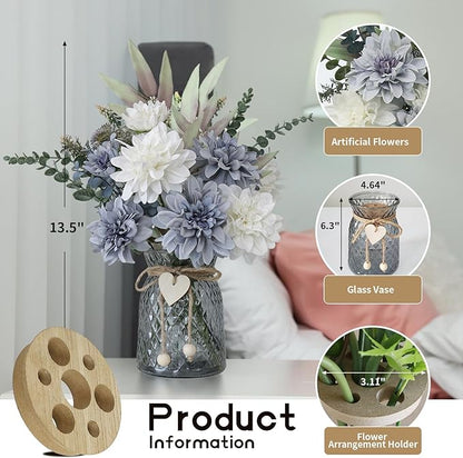 Fake Flowers in Vase,8 Dahlias,Silk Artificial Flowers in Vase,Centerpiece Table Decorations,Faux Flowers in Vase with a Flower Arrangement Holder
