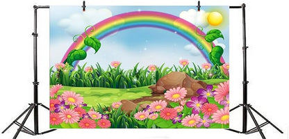 AOFOTO 6x4ft Cartoon Spring Flowers Rainbow Backdrop Meadow Sweet Floral Blossom Sky Sun Enchanting Garden Scenery Background for Kids Baby Shower Birthday Party Decor Wallpaper Photoshoot Props