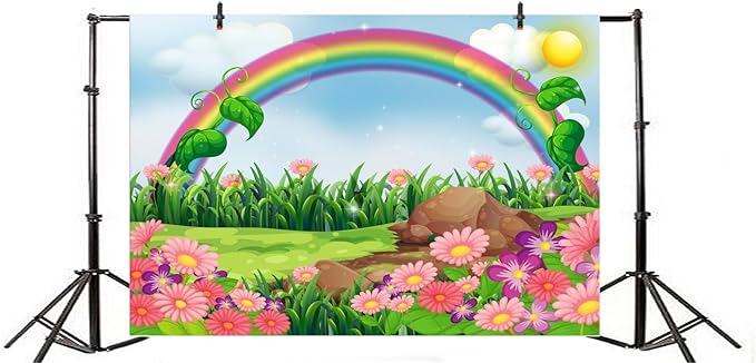 AOFOTO 8x6ft Cartoon Spring Flowers Rainbow Backdrop Meadow Sweet Floral Blossom Sky Sun Enchanting Garden Scenery Background for Kids Baby Shower Birthday Party Decor Wallpaper Photoshoot Props