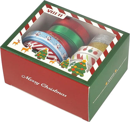 MEEDEE Christmas Ribbon 3/8 inch Thin Holiday Ribbon Set in Red, Green, White, Gold & Silver Color 12 Rolls 60 Yards Perfect for Gift Wrapping, Xmas Wreath Decor, Garlands, and Holiday Crafts
