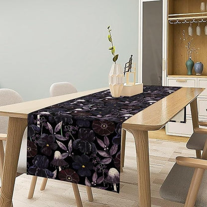 Gothic Floral Table Runner, Dark Purple Vintage Garden Flower Witchy Mushroom Farmhouse Coffee Table Center Decor for Home Kitchen Dining Patio Holiday Party Table Decorations 13x90 inches