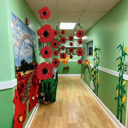 Preboun 20 Pcs Wizard Party Hanging Red Poppy Flowers Decorations, Artificial Poppy Flowers Banner Ceiling Decor for Classroom Wizard Birthday Shower Party Favor Supplies(Red,Flower)