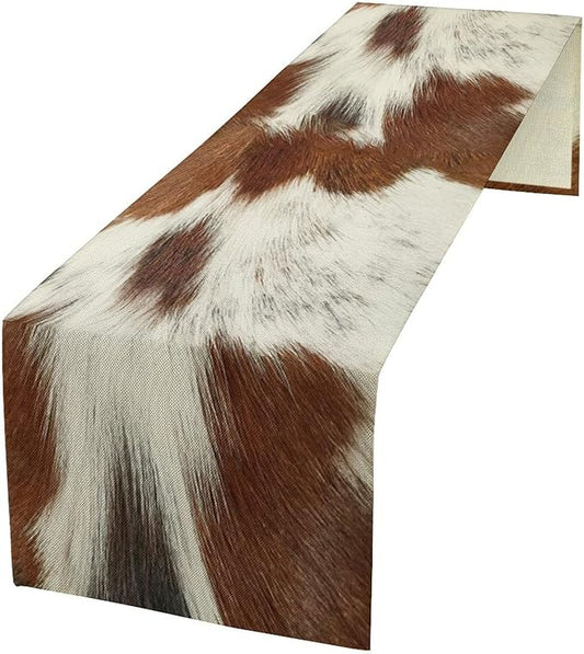 Cow Skin Print Table Runner, Rustic Country Farmhouse Animal Fur Skin Western Farm Dark Brown Cowhide Print Dinner Runner Table Decoration for Home Kitchen Dining 13x70in