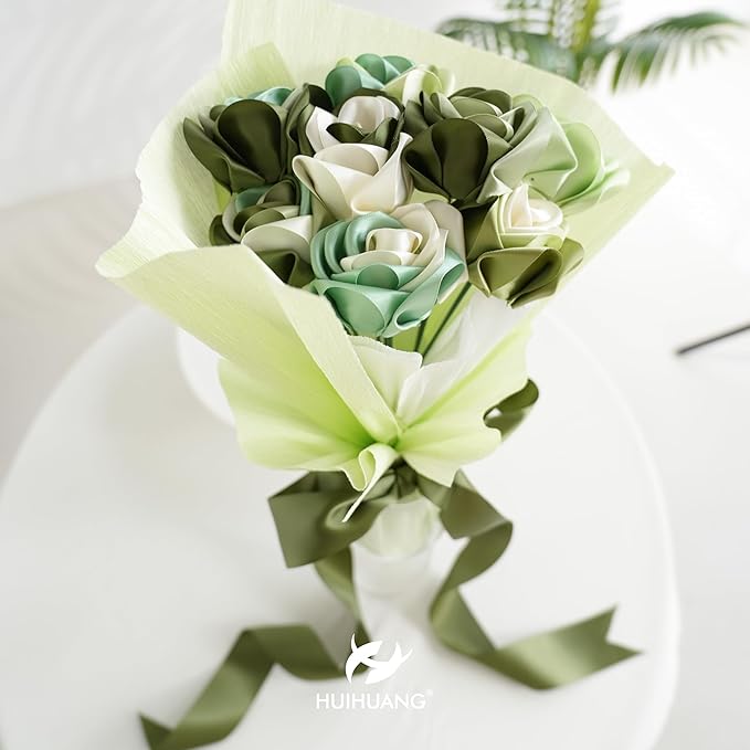 HUIHUANG Green Satin Ribbon 1-1/2 inch Ivory/Sage Green/Dusty Sage/Moss Green Double Face Satin Ribbons for Flower Bouquet, Gift Wrapping, Bows, Crafts, Eternal Rose- Total 30 Yards