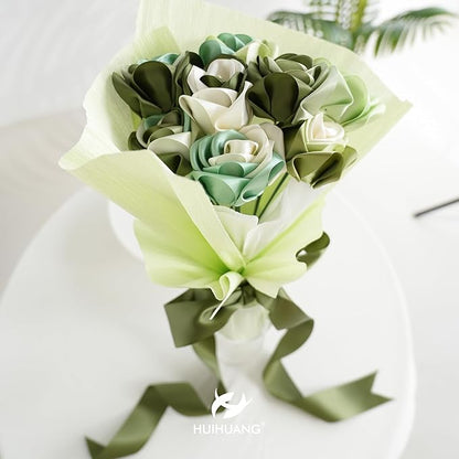 HUIHUANG Green Satin Ribbon 1-1/2 inch Ivory/Sage Green/Dusty Sage/Moss Green Double Face Satin Ribbons for Flower Bouquet, Gift Wrapping, Bows, Crafts, Eternal Rose- Total 30 Yards