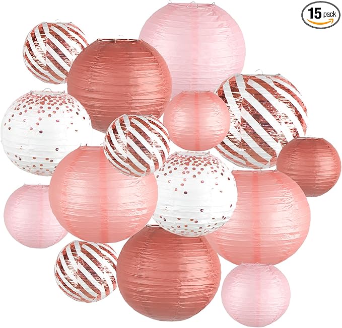 Paper Lanterns Decorative, Rose Gold Round Hanging Paper Lantern Decorations for Birthday Party Bridal Shower Wedding Baby Shower Engagement Valentine's Day Party Supplies