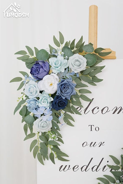 Wedding Welcome Signs Floral(Pack of 2)，Wedding Arch Flowers for Wedding Decorations and Reception Backdrop Decoration（New Blue）