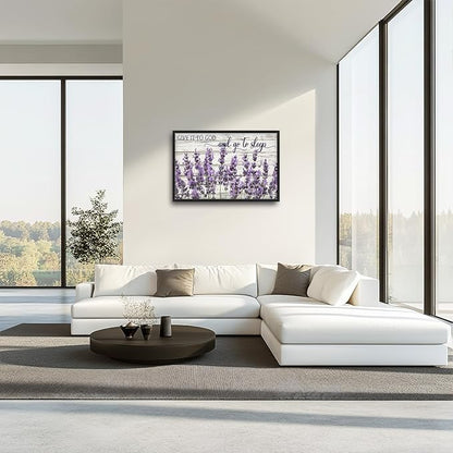 Large Lavender Wall Art for Living Room, Framed Oversized Rustic Floral Wall Decor Christian Give It To God Canvas Painting Modern Artwork for Living Room Bathroom Bedroom Office Dining Room 36"x24"