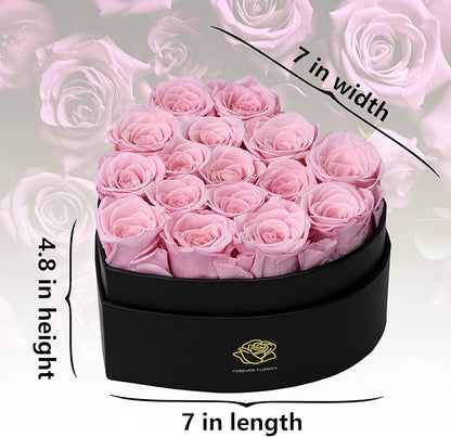 16-Piece Forever Flowers Heart-Shaped Box – Real Immortal Preserved Roses Lasting a Year, Perfect for Birthday, Girlfriend, Mother, or Wife, Valentine Day Gift for Her - Pink