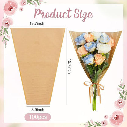 BEISHIDA 100 Pcs Flower Wrapping Bags, Bouquet Sleeves Kraft Paper 15.7 x 13.7 in Clear Flower Sleeves for Bouquets Florist Supplies, Mother's Day, Valentine's Day, Graduation