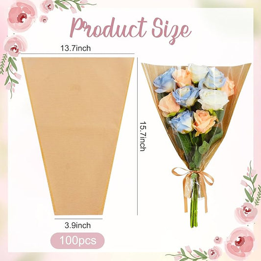 BEISHIDA 100 Pcs Flower Wrapping Bags, Bouquet Sleeves Kraft Paper 15.7 x 13.7 in Clear Flower Sleeves for Bouquets Florist Supplies, Mother's Day, Valentine's Day, Graduation