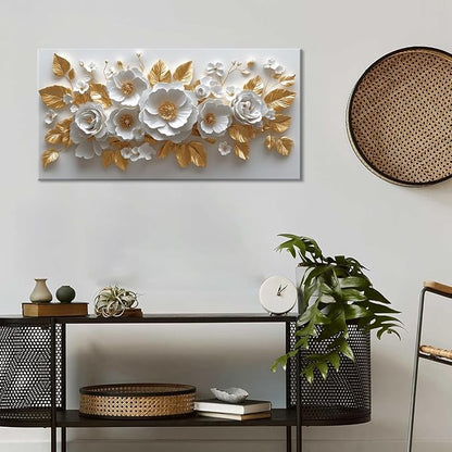 IDAFU Flower Wall Art White Foral and Golden Leaves Wall-décor White Wall Art Floral Painting Pictures for Living Room Bathroom Bedroom Kitchen Office Cuadros Decorativos Para Sala Decor 30L x 16W