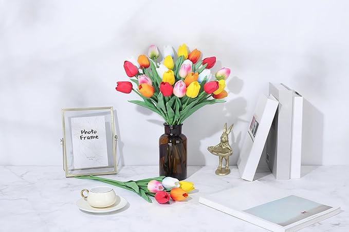 SITUMEIZI Fake Flowers Tulips Artificial Silk Flower 15pcs Real Touch 14" for Spring Easter Home Kitchen Wedding Bouquet Bulk Mother's Gift Day Decorations(Multicolor,5-4)