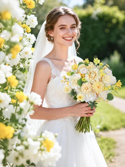 Artificial Flowers Combo Box Set White Yellow Roses Dahlia Fake Silk Flowers with Stems for DIY Wedding Bridal Bouquets,Floral Arrangement,Table Centerpieces,Baby Shower,Home Decorations