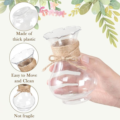 12 Pack Plastic Vases for Flowers with Jute Twine, Flower vasevases for centerpieces, Lightweight Plastic Vases for Centerpieces for Home Party Wedding Deco