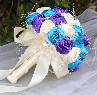 Bridal Wedding Bouquet Round Bling Brooch Bouquet Throw Toss Artificial Rose Flower Bunch for Bride Bridesmaid Wedding Quinceanera(Teal Blue, Purple & Cream, 7.5")