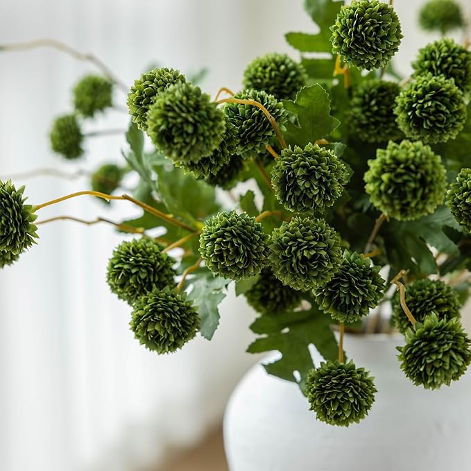 mizii 6Pcs Green Fake Silk Pompon Mum Artificial Flowers Bulk Small Faux Chrysanthemums with Stems Realistic Floral Decorations for Wedding DIY Bouquet Centerpieces Shower Vase Home Decor (Green)