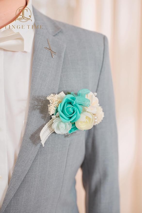 TINGE TIME Boutonniere for Men Wedding,Groom and Best Man Boutonniere for Wedding, Prom, Homecoming, Anniversary, Graduation, Christmas Dinner (1, Teal Blue & Champange)